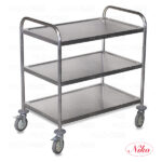 Trolley with three shelves, round tube frame, stainless steel