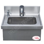 Wall mounted hand-wash basin with photocell tap and soap doser, s/s